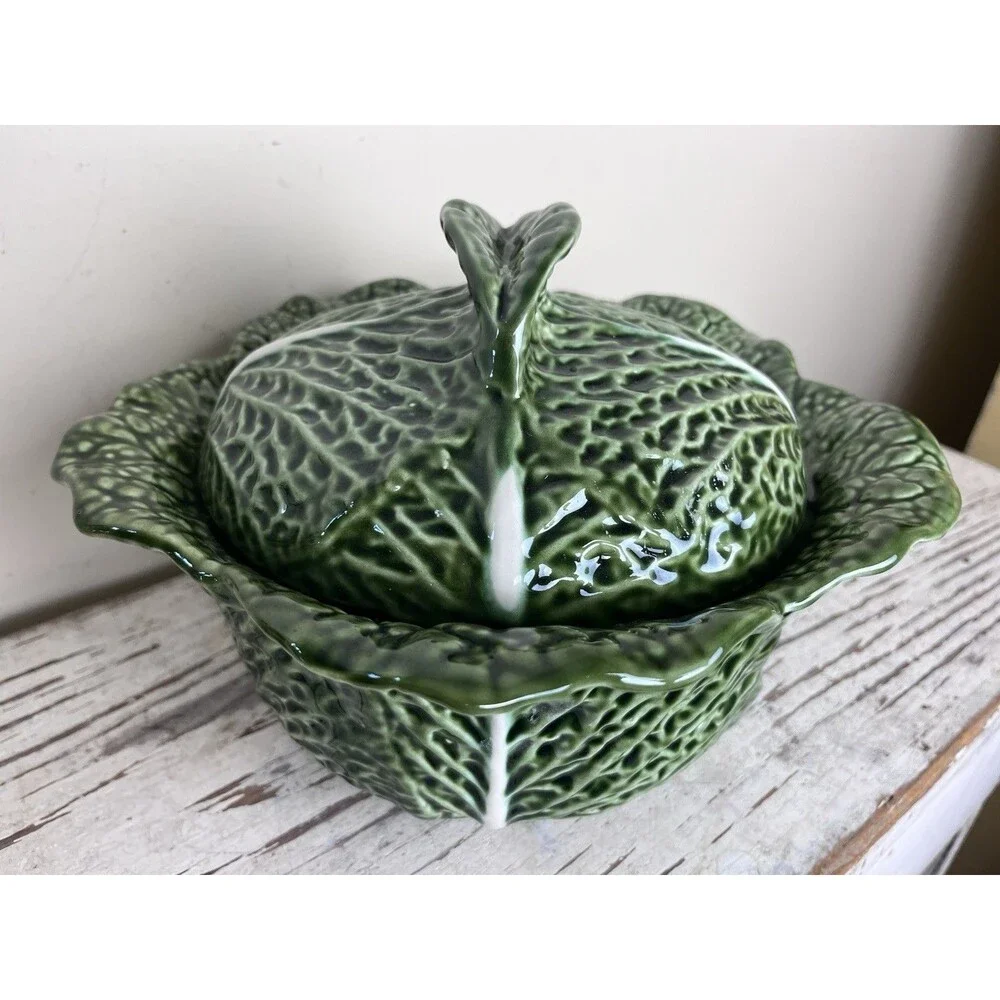Vintage Majolica Portugal Cabbage Green Lidded Tureen 10.5” x 8” READ